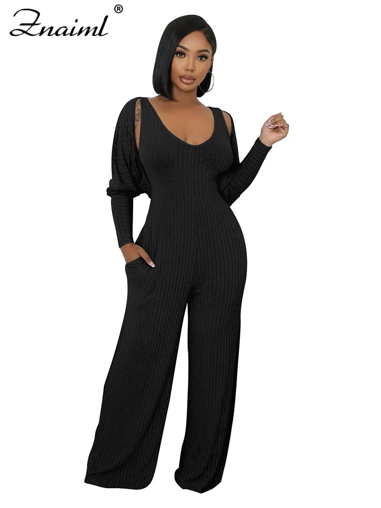 Znaiml Blue Knitted Ribber Wide Leg Pants Jumpsuits and Crop Coat Tops Two 2 Piece Women Sets Autumn Streetwear Birthday Outfits