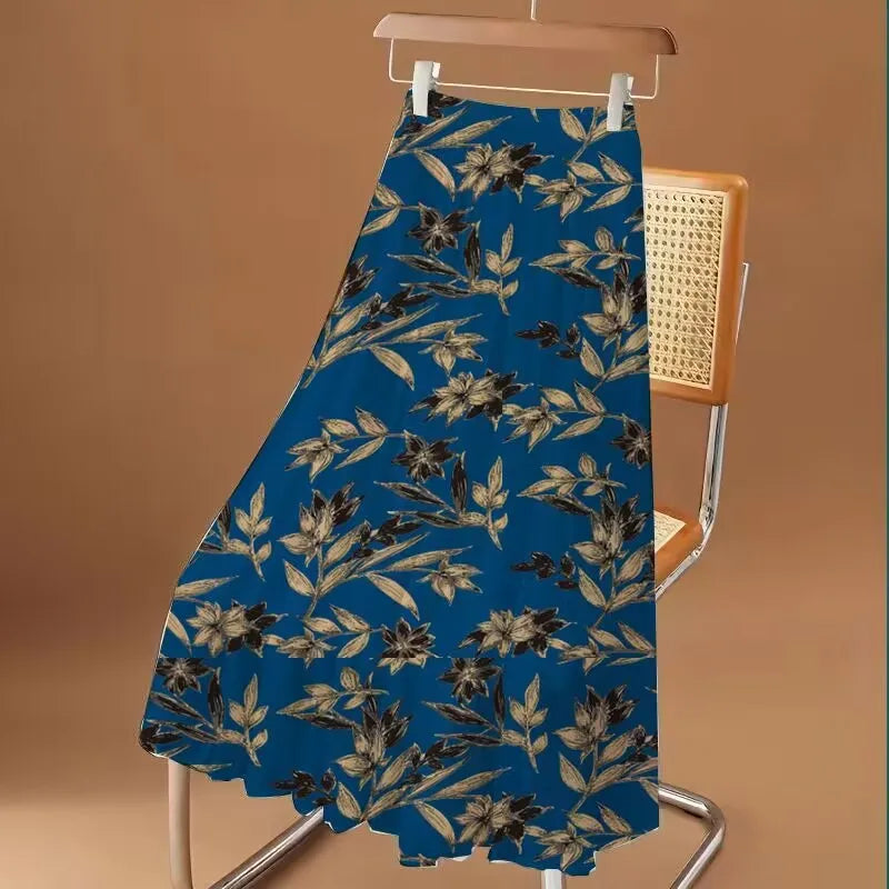 Women's Floral Printed Long Chiffon Skirt, Elastic, High Waist, A Line, Max Pleated, Summer, Fashion