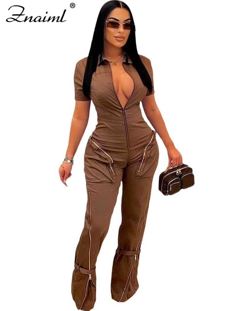 Znaiml Safari Style Short Sleeve Zipper Pocket Jumpsuit Women Fashion Cargo Pants One Piece Overalls Streetwear Playsuit Rompers