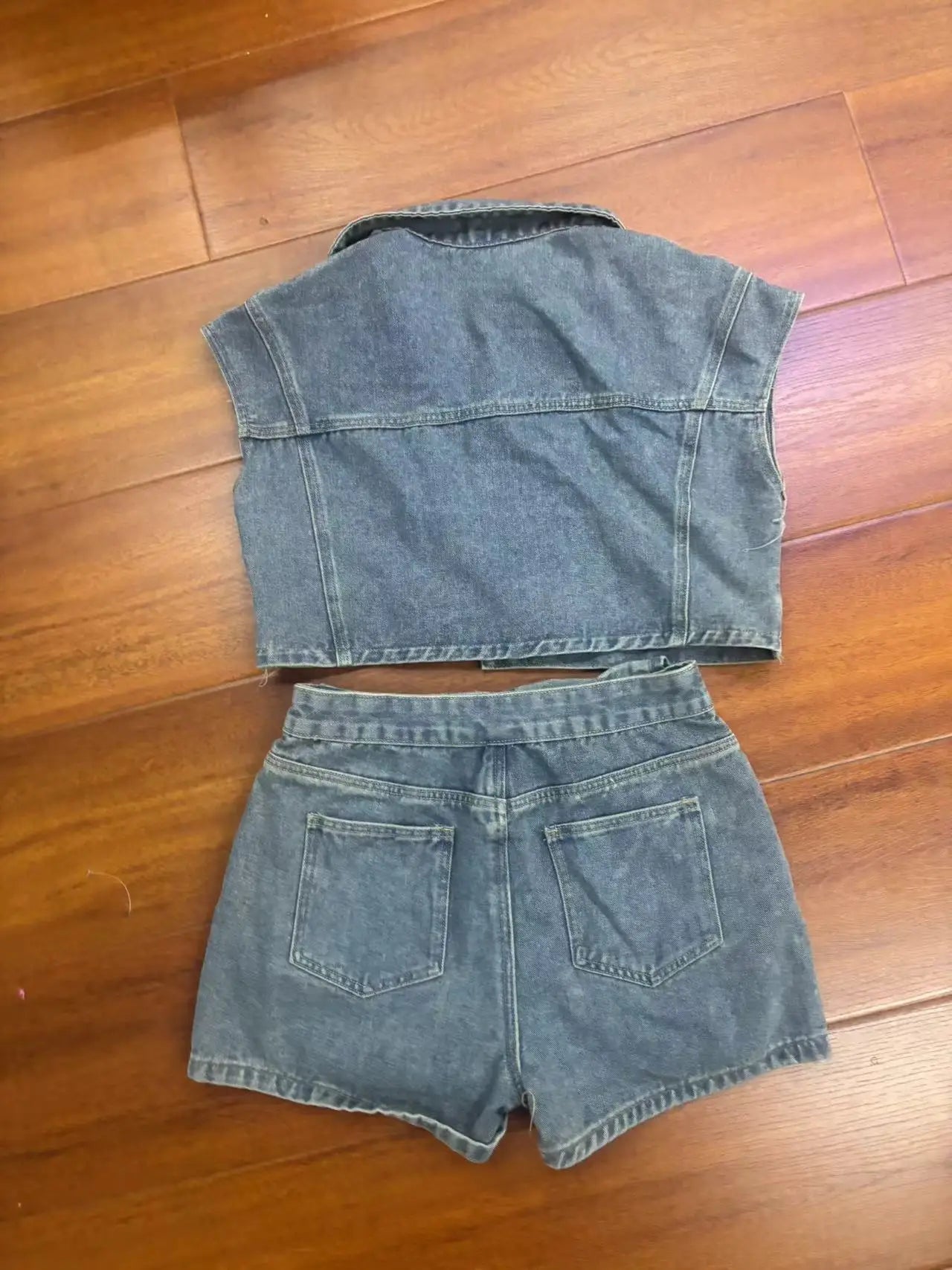 Joskaa Patchwork Stretch Denim 2 Piece Sets Women Lapel Button Pocket Tank Tops and Irregular Shorts Matching 2025 Streetwear