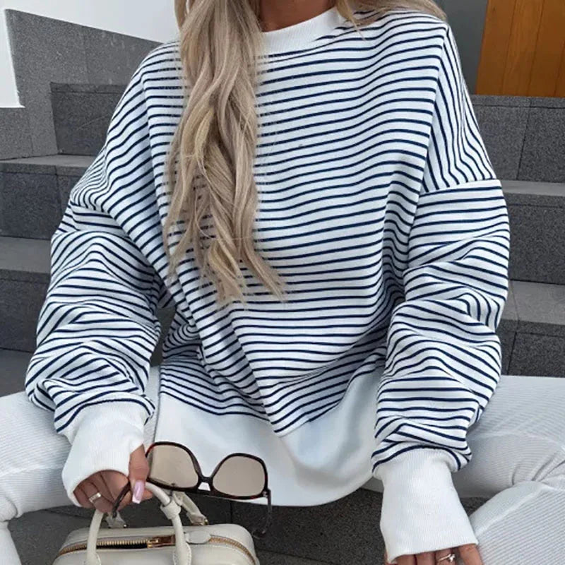 Casual High Street Long Sleeved Loose Hoodie Women's Fashion Patchwork Sweatshirt Top New 2025 O Neck Striped Printed Pullover