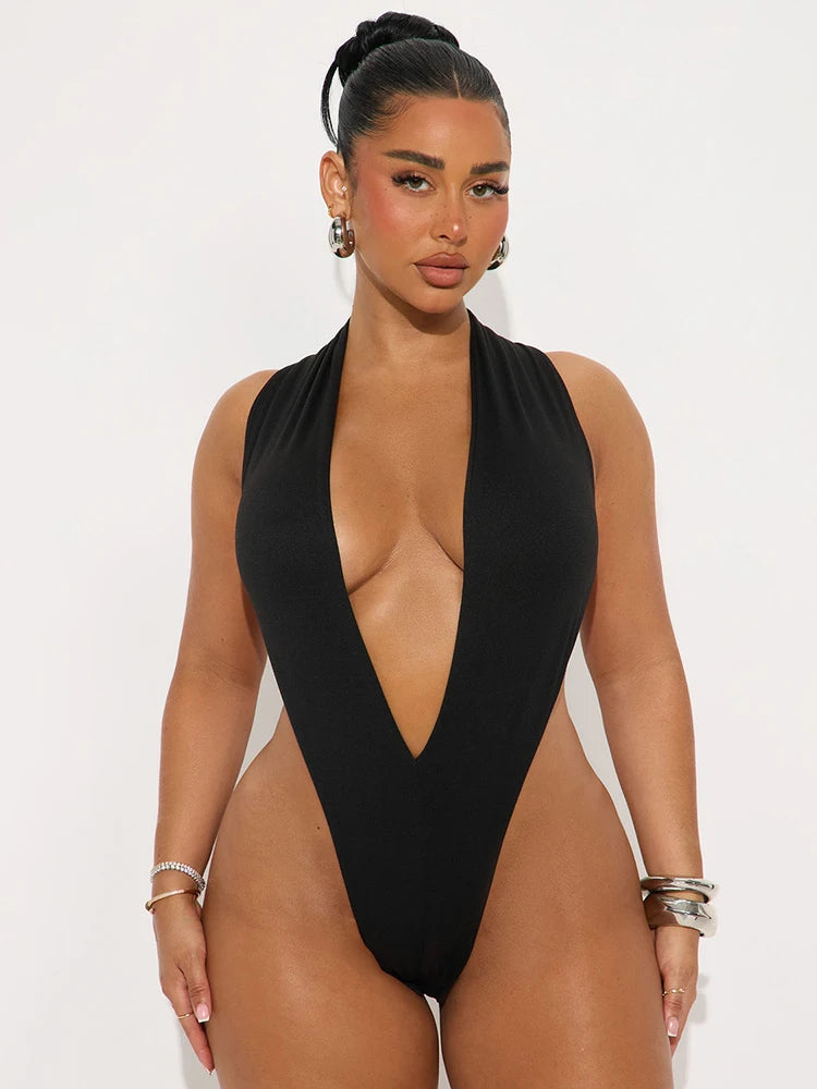 Weird Puss Hipster 2 Piece Set Women Sexy Deep V-Neck Hollow Bandage Bodysuit+Flare Pants Summer Midnight Matching Clubwear Suit