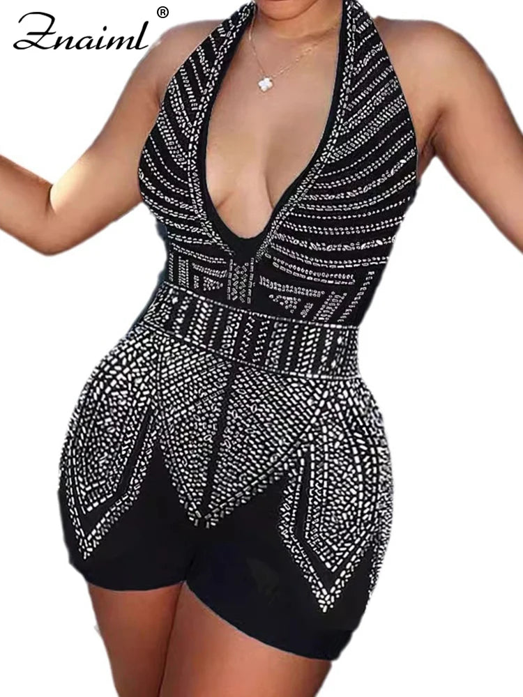 Znaiml Gorgeous Deep V Neck Rhinestone Halter Bandage Playsuits Women Crystal Short Jumpsuits Rompers Night Club Birthday Party