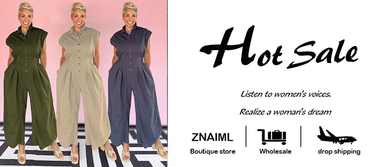 Znaiml Casual Loose Pocket Jumpsuit Women Sleeveless Button High Waist Wide Leg Rompers Street Overalls One Pieces Cargo Pants