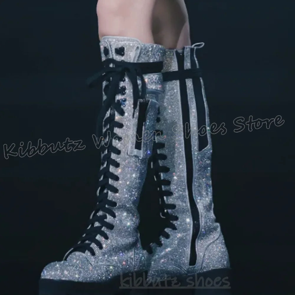 Knee High Boots Bling Glossy Pocket Zipper Lace-Up Round Toe Chunky Heels Fashion Punk Rock Gothic Novelty Sexy Women Shoes New