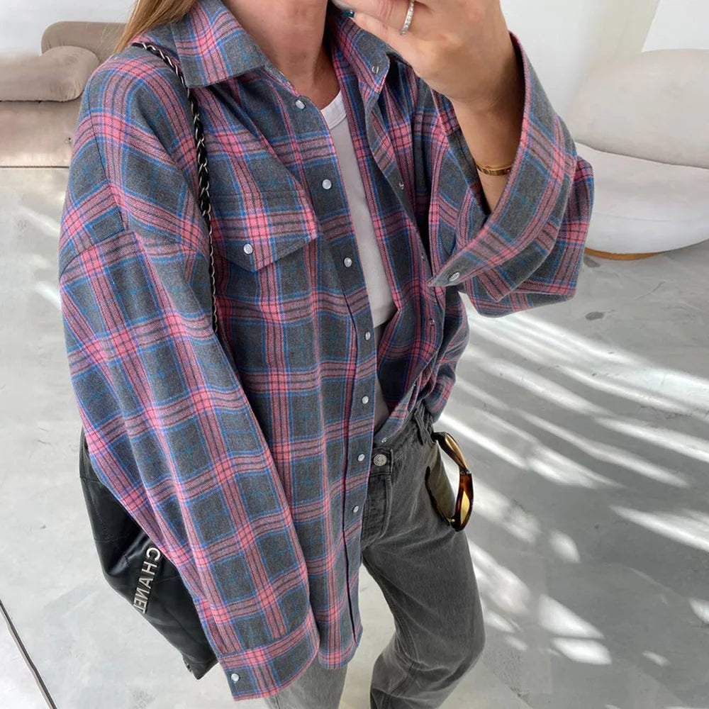 FSMG-Versatile Plaid Shirt For Women, Red Bright Grid, Oversized Blouse, Leisure And Fashionable Top, Spring And Autumn Seasons