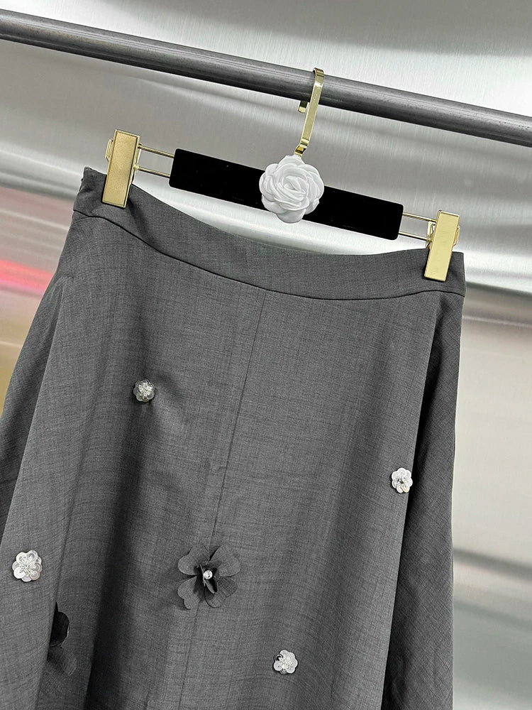 VGH Spliced Appliques Two Piece Sets For Women Round Neck Long Sleeve Coats High Waist A Line Skirts Elegant Slim Set Female New