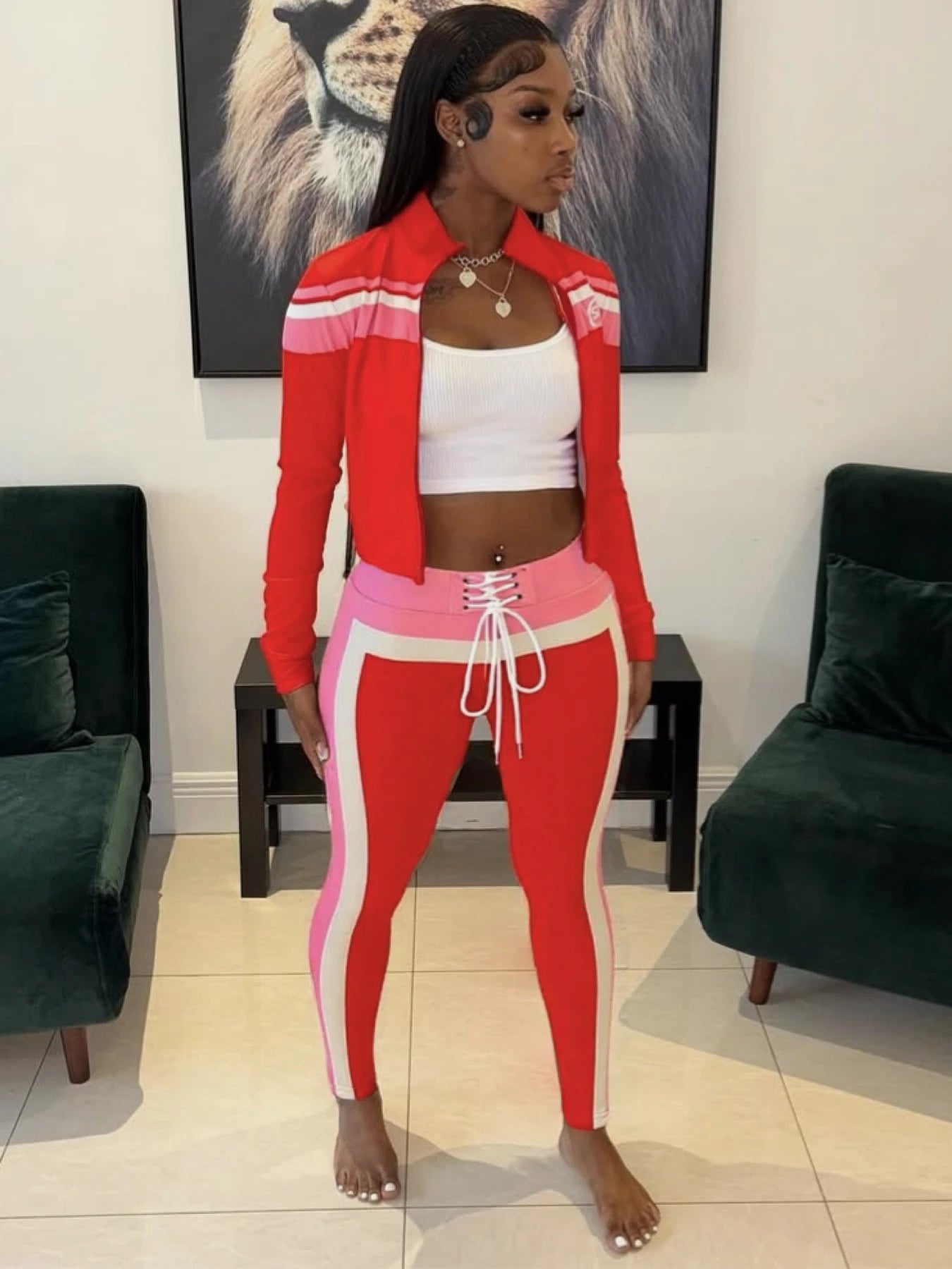 Weird Puss Patchwork Women 2Piece Set Tracksuit Sporty Long Sleeve Zip Crop Top+Shirring Leggings Matching Casual Skinny Outfits