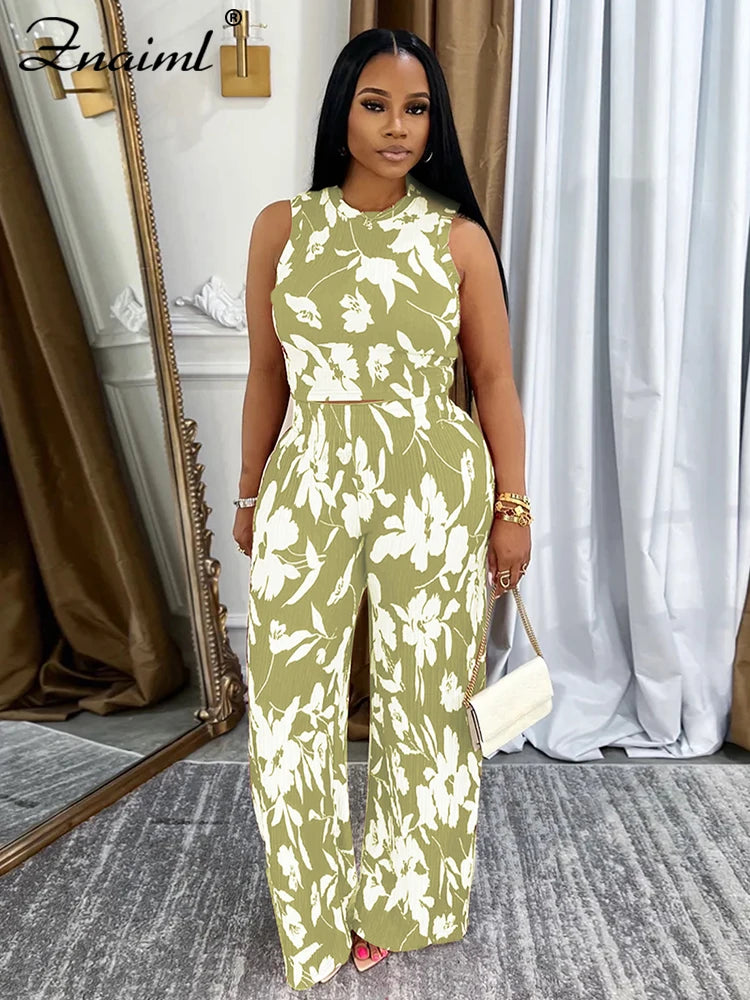 Znaiml Elegant Vacation Flowers Print O-Neck Tank Tops and Straight Wide Leg Pants 2 Pieces Women Sets Summer Birthday Outfits