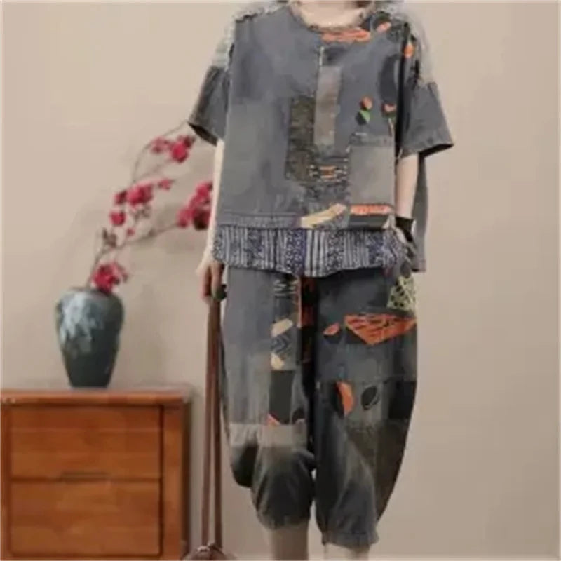 2024 Female Korean Ethnic Style Denim Harlan Pants Sets two-piece Women's Summer New Small Casual High-end Clothing Printing Set