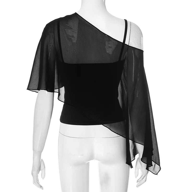 Weird Puss Summer Trend 2 Piece Crop Tops Women Sexy Short Sleeve Camisole+Mesh One-Shoulder Tops Clubwear 2025 Summer Club Tees