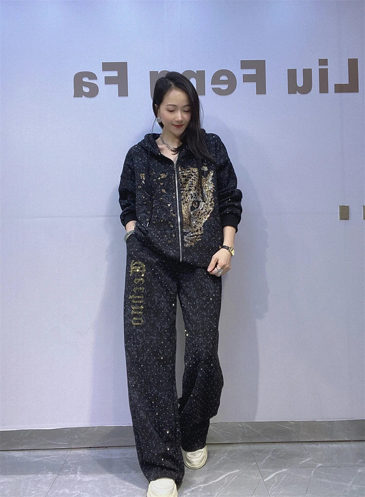 2025 Autumn Tie-dye Zipper Hooded 2 Piece Sets Woman Casual Sequins Oversized Straight Pant Sets Vestidos Sportsuits Bust 130cm