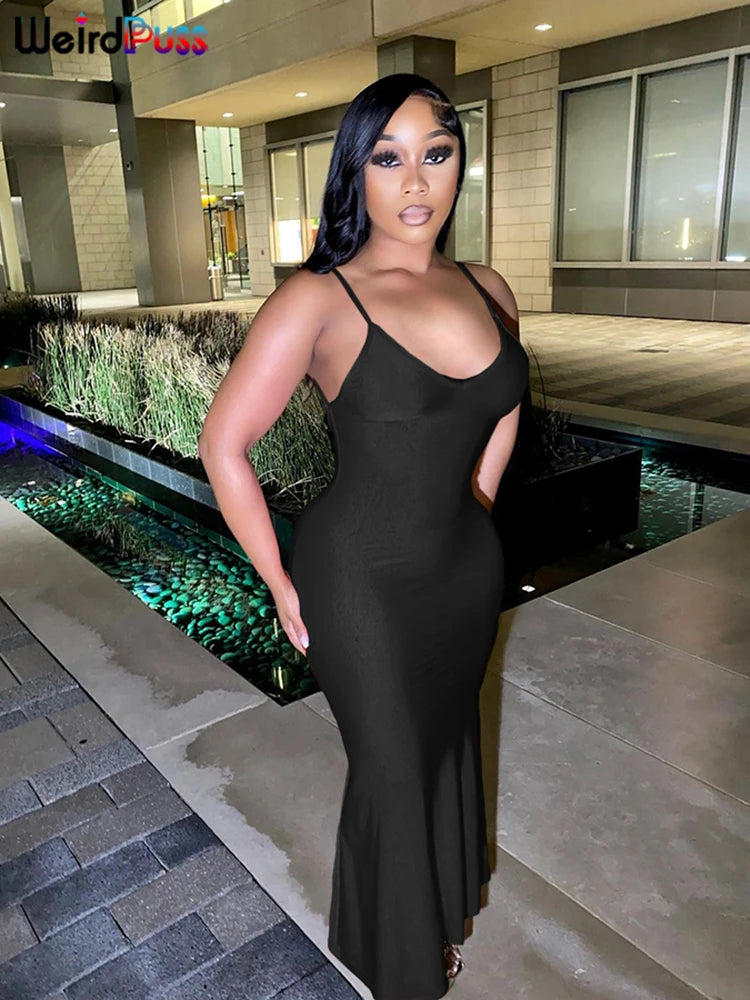 Weird Puss Sexy Backless Women Evening Maxi Dress Folds V-Neck Sleeveless Coquette Elegant Mermaid Matching Banquet Prom Bodycon
