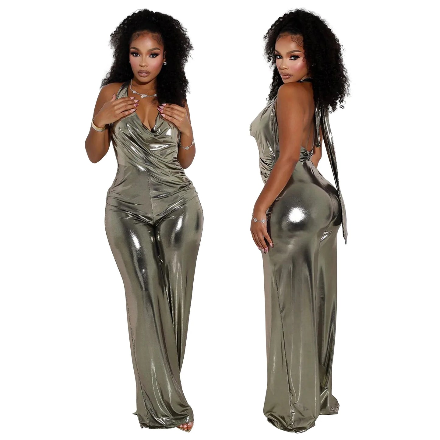 CM.YAYA Women Heaps Collar V-Neck Backless Wide Leg Straight Sleeveless Jumpsuits Spring Sexy One Piece Set Streetwear Outfits