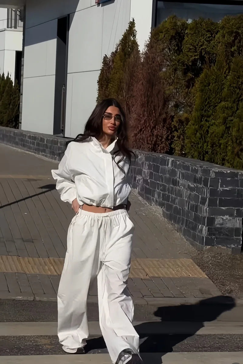 Lace Up Stand Collar Wide Leg Two Piece Set for Women