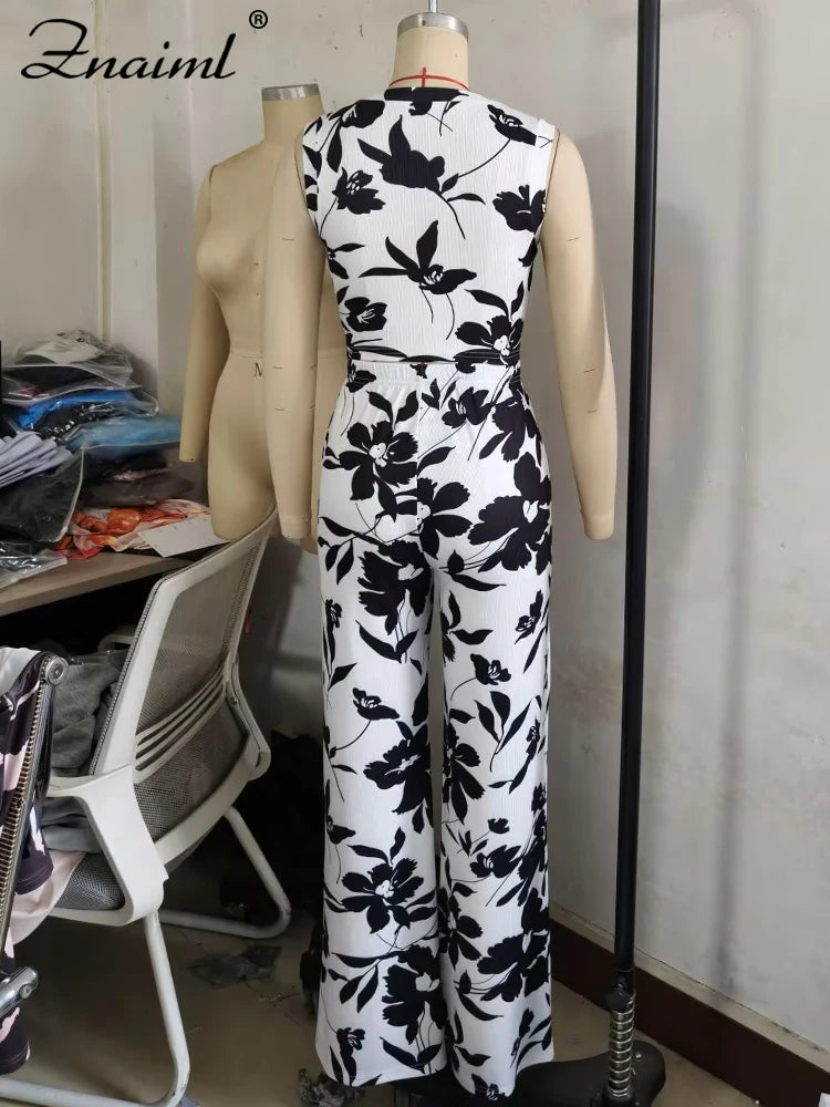 Znaiml Elegant Vacation Flowers Print O-Neck Tank Tops and Straight Wide Leg Pants 2 Pieces Women Sets Summer Birthday Outfits