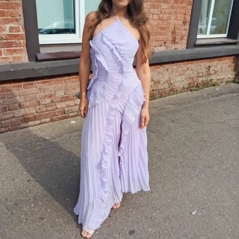 Chic Pleated Halter Neck Long Vacation Dress High Quality Purple Strapless Lotus Edge Maxi Dress 2025 New Lady Vacation Gown