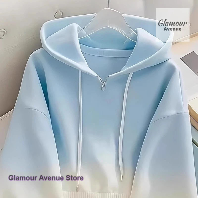 French style dopamine blue gradient high sense hooded sweater coat women's spring and autumn new unique super nice blouse.