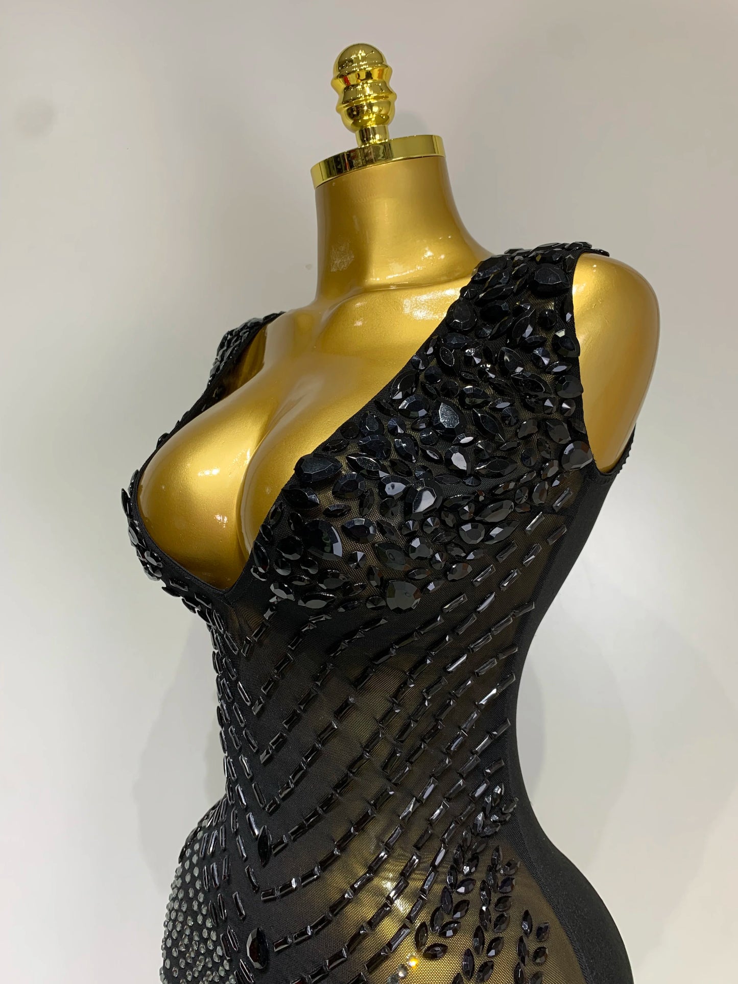 Sparkly Rhinestone Mesh See Through V Neck Dress Women Sexy Performance Stage Costume Evening Party Club Luxury Birthday Outfit
