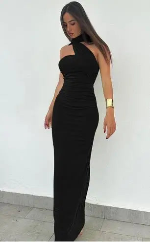 Women Ruched Long Bodycon Dress Slim Solid Color Sleeveless Open Back Halter Neck Dress with Scarf