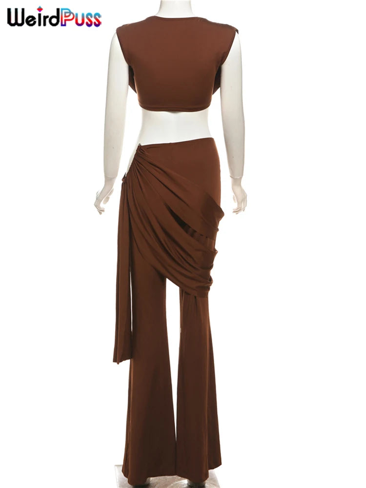 Weird Puss Pleats Elegant 2 Piece Set Women Sexy Low Neck Sleeveless Crop Tops+Irregular Waist Tassel Straight pants Solid Suit