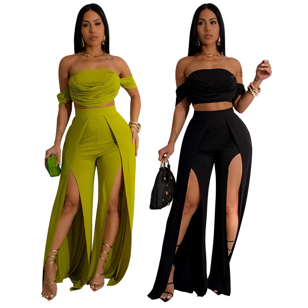 CM.YAYA Women's Set Short Sleeve Slash Neck Ruched Tops and Wide Leg split Pants 2024 Street Two 2 Piece Sets Outfit Tracksuits