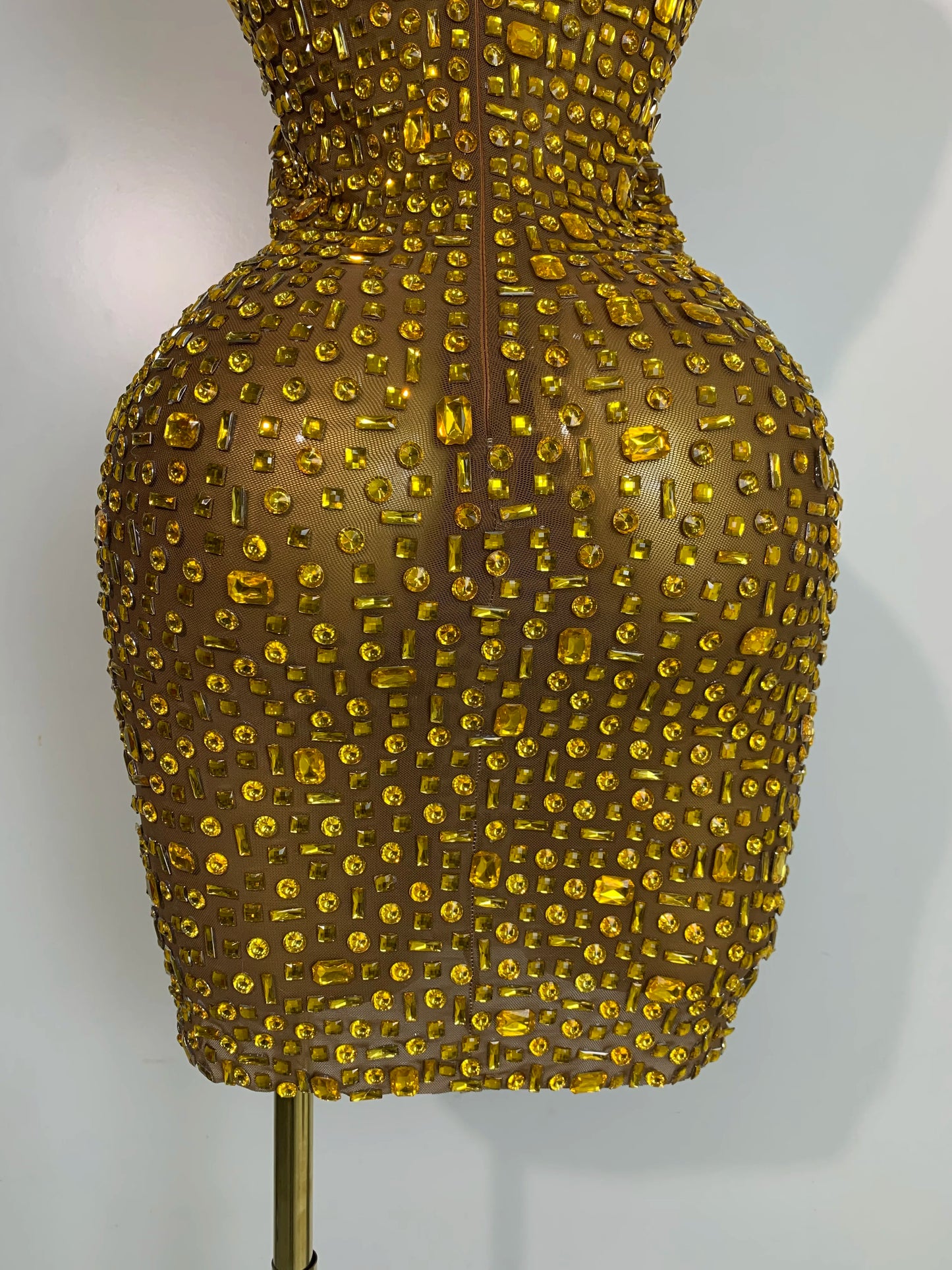 Women Luxury Gold Rhinestone Sexy Mesh Short Dress Sparkly Stage Costume Elegant Party Birthday Dresses Nightclub Singer Outf