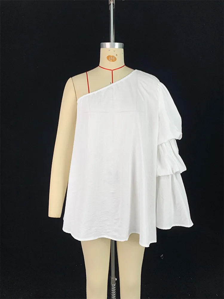Beautyblue Flared Sleeves Women's T-shirt One-shoulder Long Sleeves Tee Summer Loose Asymmetric Elasticity Blouses&Shirts Female