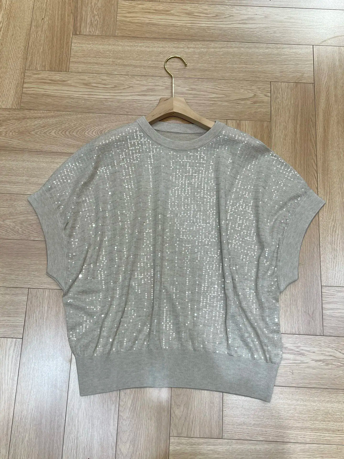 Loose Fit Sparkling Sequin Summer Knit Polo Top for Women