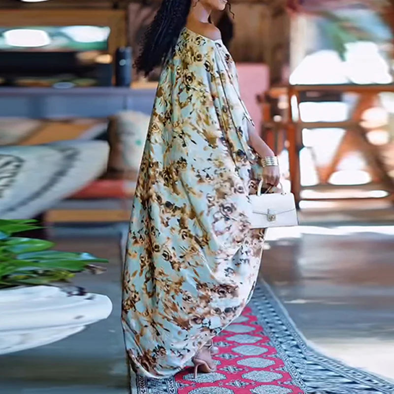 Fashion Asymmetrical Batwing Sleeve Women's Dress Summer Casual Loose Drawstring Long Dress Retro Floral Print Muslim Robe Dress