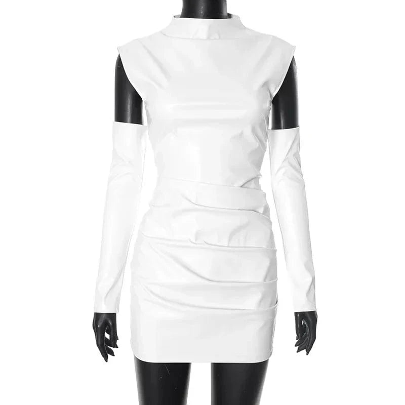 White PU Leather Bodycon Mini Dress for Women Elegant Sexy Turtleneck Sleeveless Party Dresses Spring Fashion Casual Dress 2025