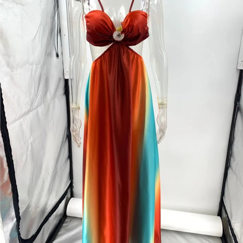 Sexy Gradient Sling Beach Long Dress Women Vintage Sleeveless Lace Up Hollow Out Tube Dresses Female Chic Street Party Holiday