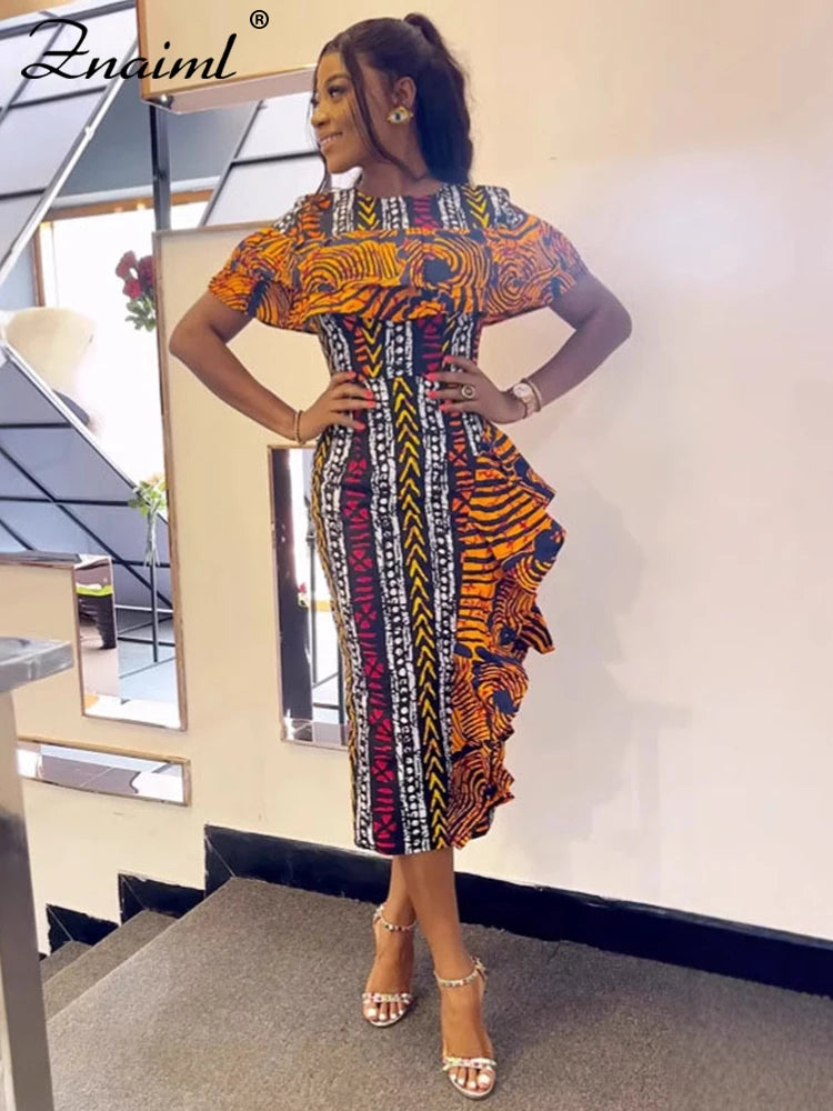 Znaiml African Festival Print Dresses Elegant Women Summer Short Sleeve Ruffles Bodycon Midi Dress Fashion Vacation Party Robe