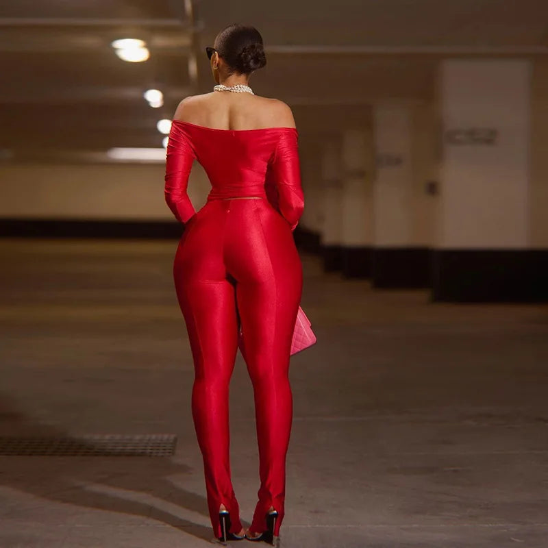 2025 Spring/Summer Women's Sexy Off Shoulder Big V-neck European and American Style High Waist Tight Pants Casual Sports Set