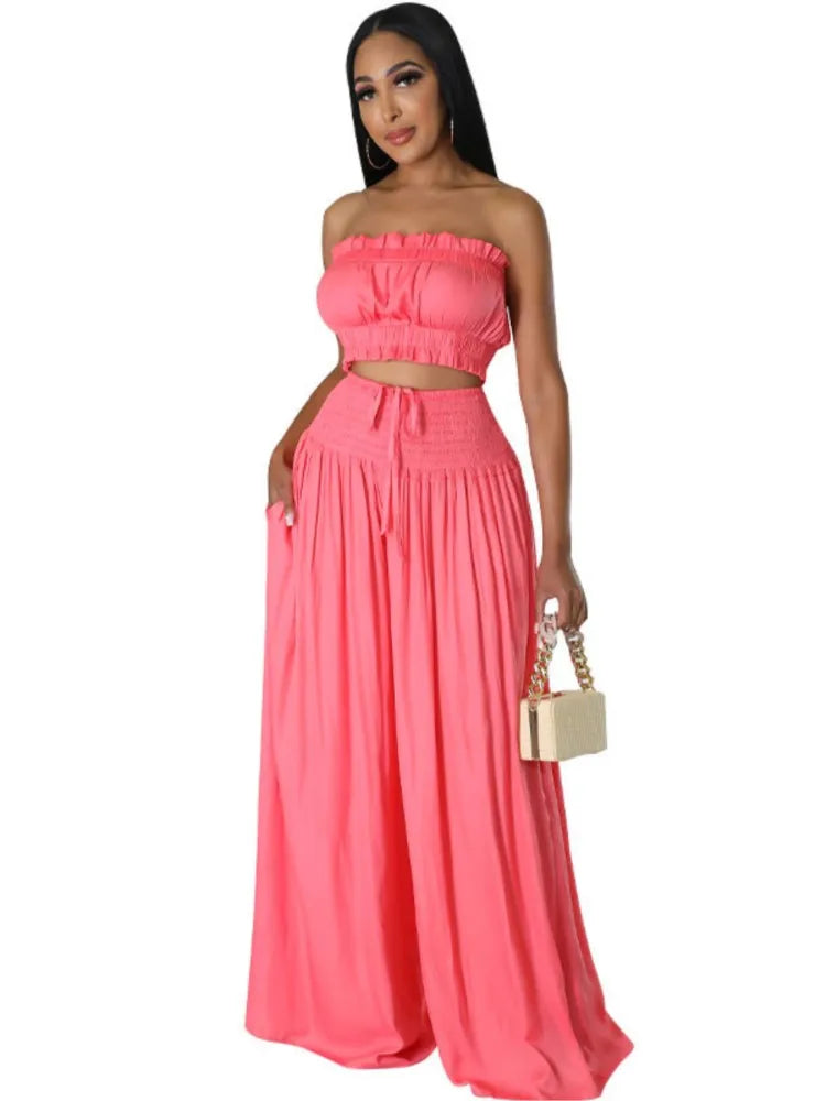 Lace Up Strapless Top Two Piece Pants Set for Women