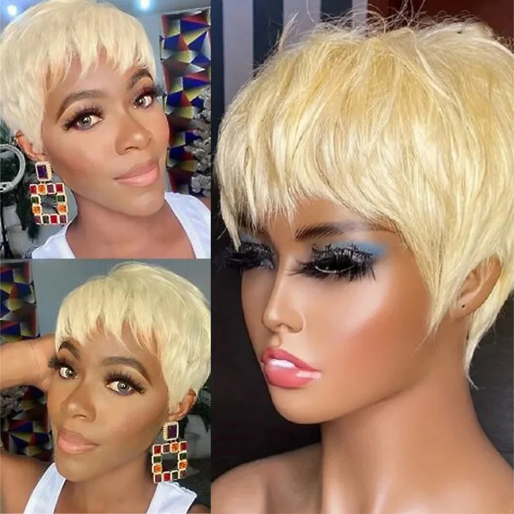 613 Honey Blonde Straight Short Pixie Bob Cut Wig With Bangs Indian Human Hair Full Machine Wig For Black Women