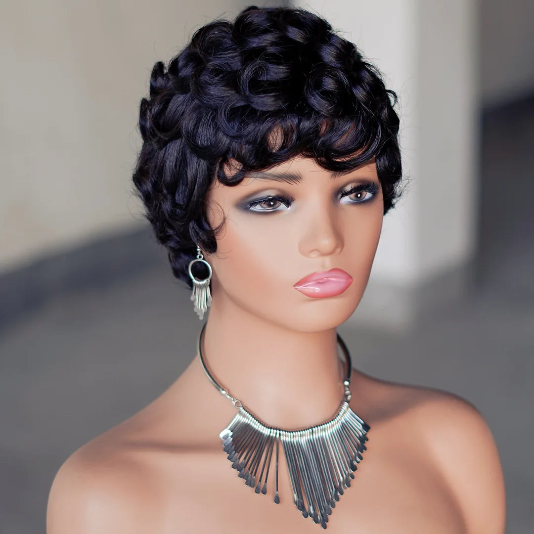 Premium Short Pixie Wig for Black Women 99J Brazilian Virgin Remy Hair Natural Small Curls Comfortable & Durable