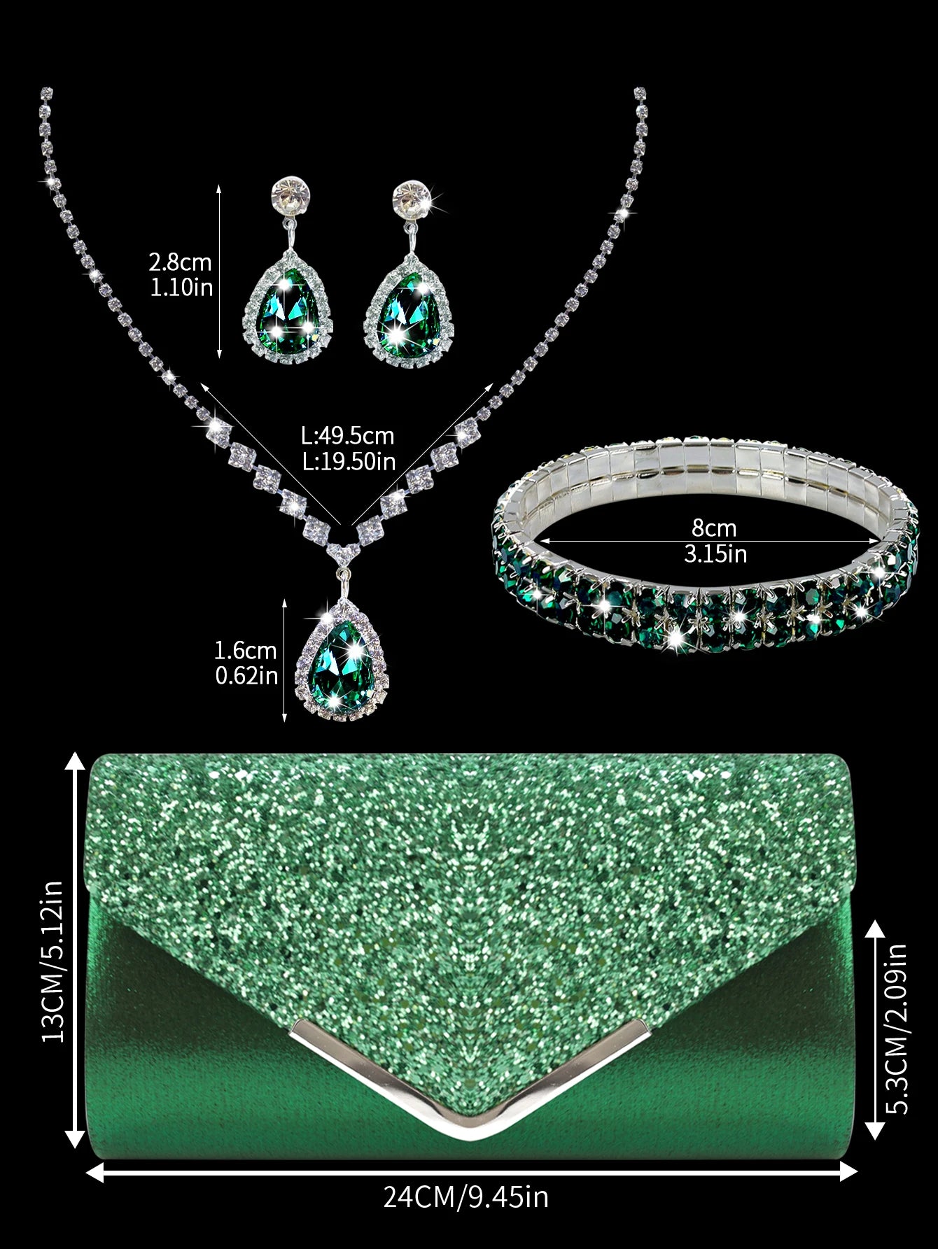 Sparkling and luxurious sequined evening clutch for women, paired with a gorgeous rhinestone necklace, earrings and bracelet set
