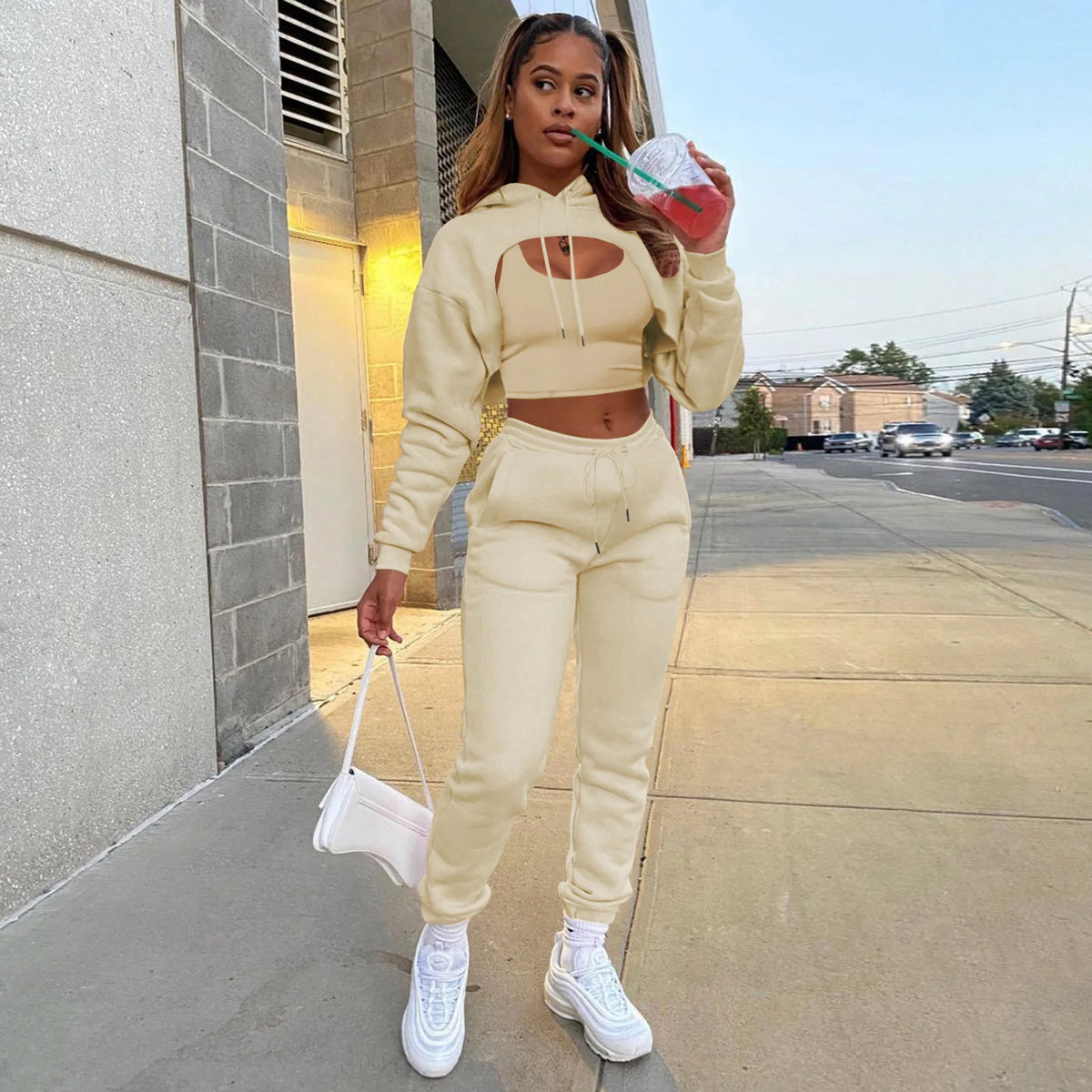 Three-Piece Hooded Sporty Matching Tracksuit Set for Women