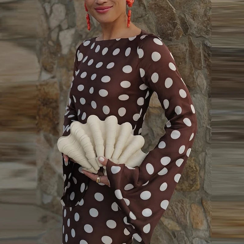 Women Fashion O-neck Flared Sleeve Evening Dress Spring Elegant Hight Waist Slim Long Dress Autumn Polka Dot Print Party Dress