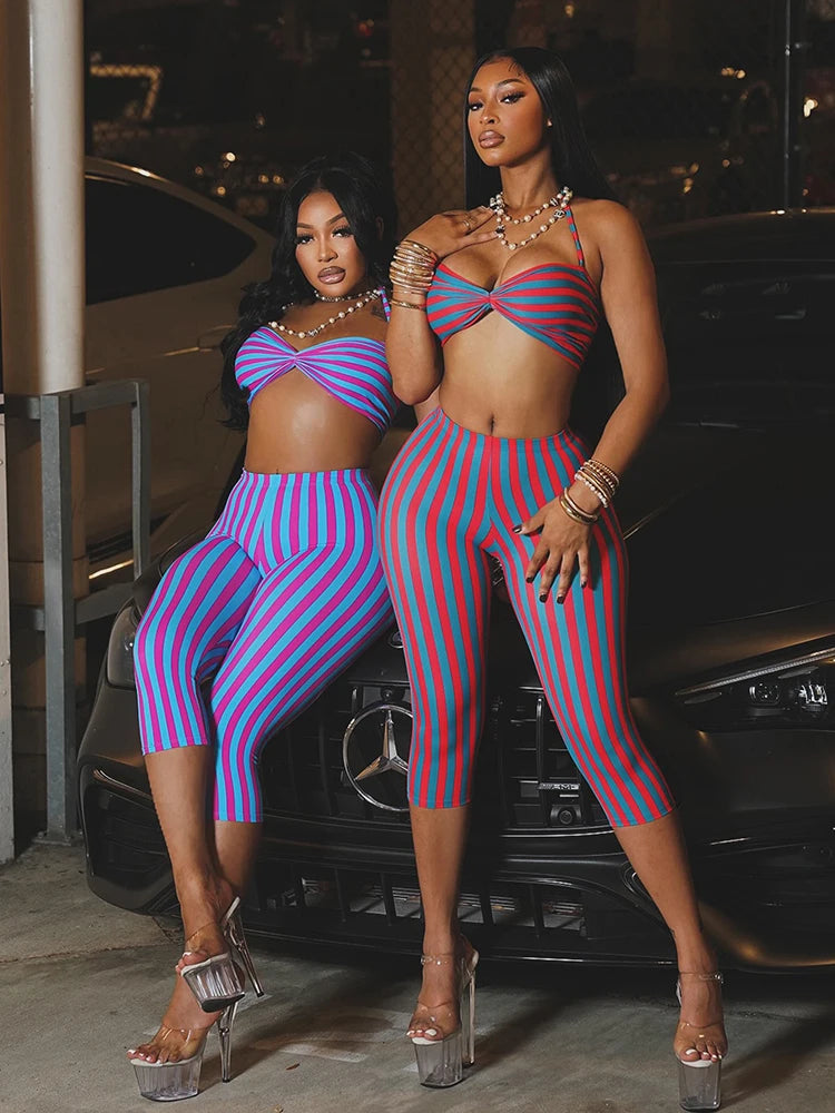 Weird Puss Sexy Stripe Patchwork 2-Piece Set Women Halter Chest Wrapped Camisole+Skinny Mid Pants Matching Hottie Beach Outfits