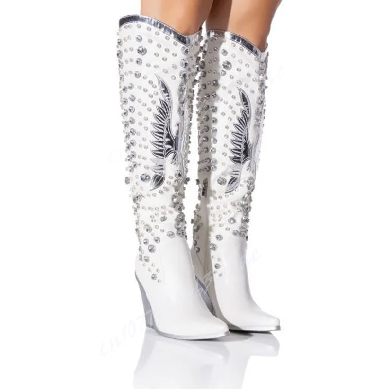 White Wing Decor Chunky Heels Boots Crystal Knee High Pointed Toe Shoes for Women Matte Leather Shoes 2025 Zapatos Para Mujere