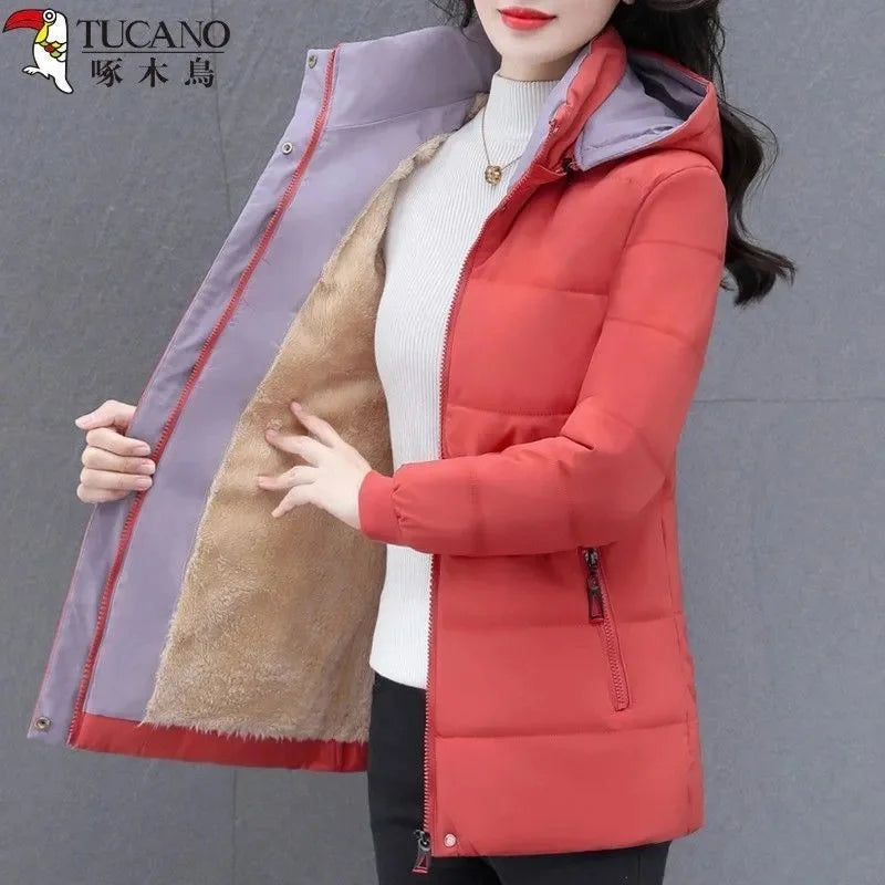 Detachable Hooded Parka Windproof jacket Female's winter jacket plush and Thickened High-End Women's Short Cotton Coat Patchwork