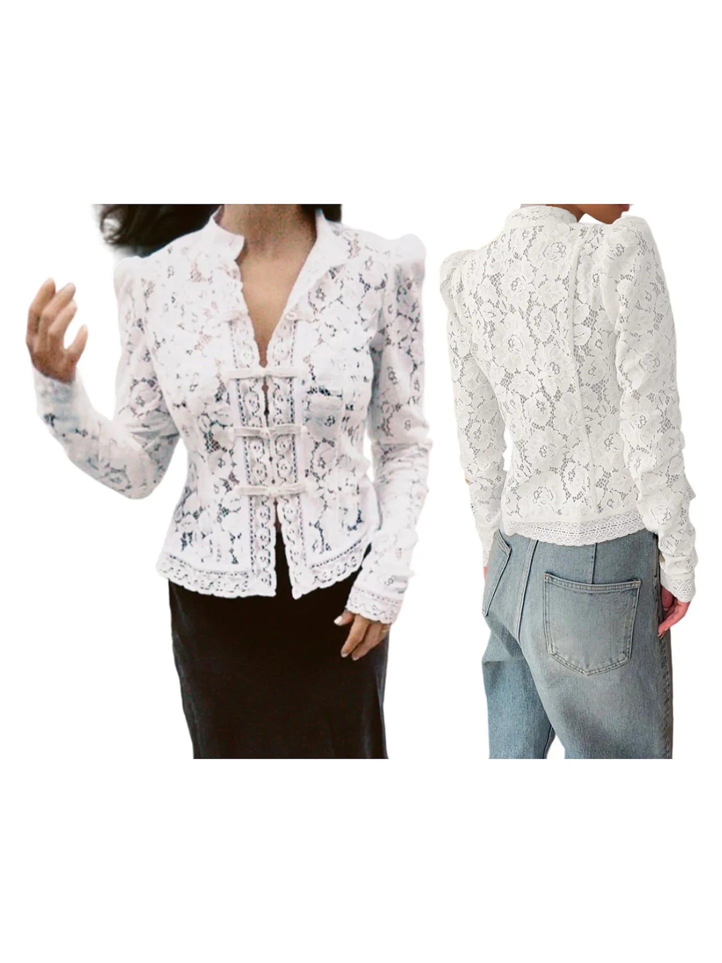Women s Floral Lace Blouse Long Sleeve Button-up Fit Elegant Spring Sheer Top for Work or Date Night