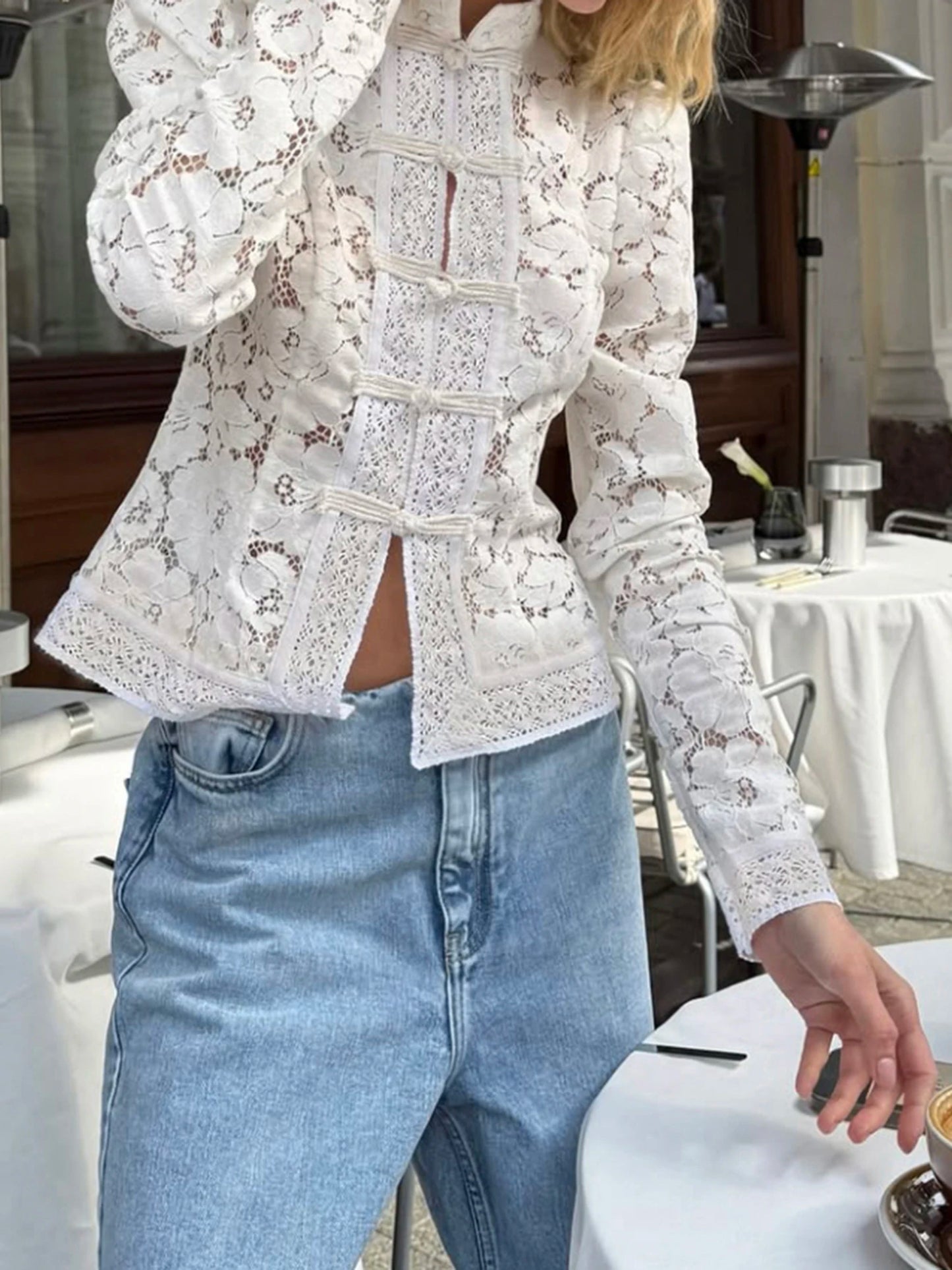 Women s Floral Lace Blouse Long Sleeve Button-up Fit Elegant Spring Sheer Top for Work or Date Night