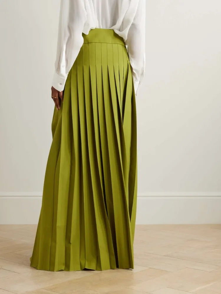Beautyblue Elegant Retro Green Pleated Skirt Women's Long Skirts Fashion Loose High Waisted Split-Side with Belt Elegant Bottoms
