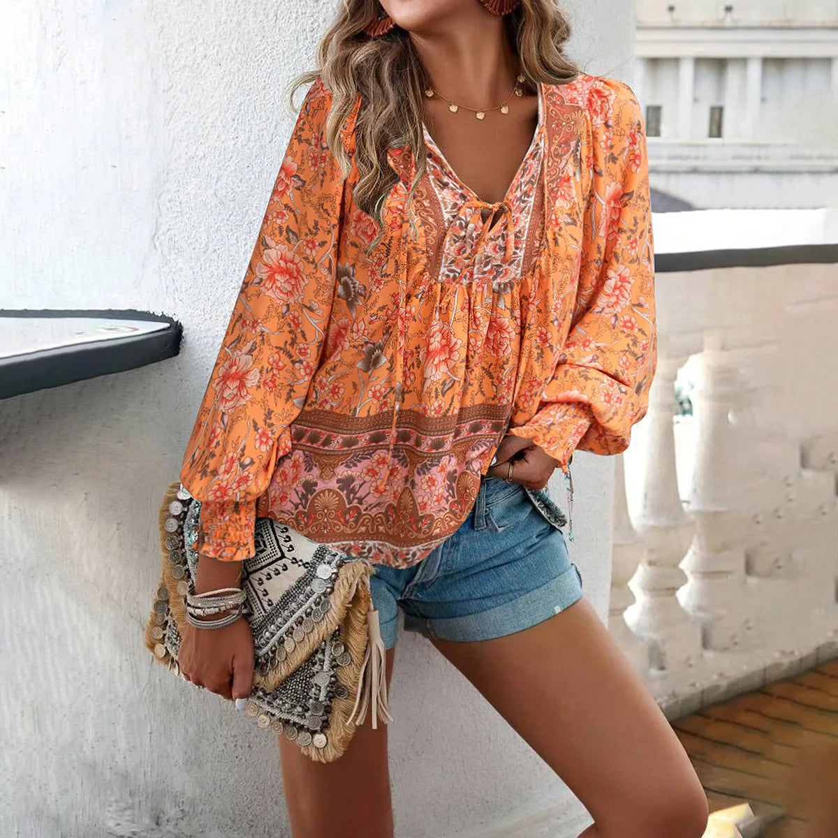 2025 Spring Summer Printed Shirt Women Elegant Chiffon V-neck Long-sleeve Top