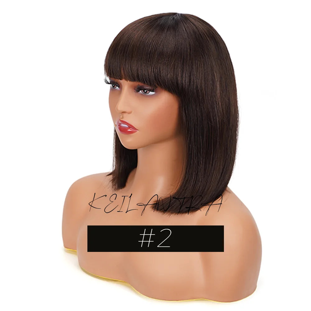 Straight Human Hair Bob Wigs with Bangs Remy Full Machine Made for Women Hightlight Burgundy Brown Colored BOB Wig