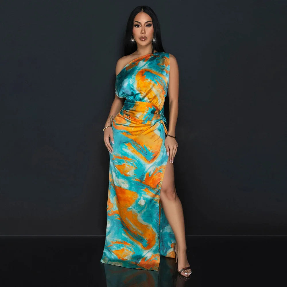 CM.YAYA Women Skew Collar Tie-dye Print Long Dress Summer Streetwear Beach Evening Sexy Night Party Split Maxi Dresses Vestidos