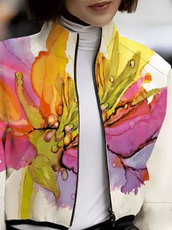 Women's Autumn New Jacket Floral Printed High Neck Puff Sleeves Coat Zippered Half Sleeve Loose Fit Outerwears